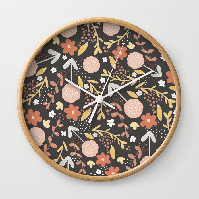Swaying Flowers - Grey, Coral and Blush Floral Pattern Wall Clock