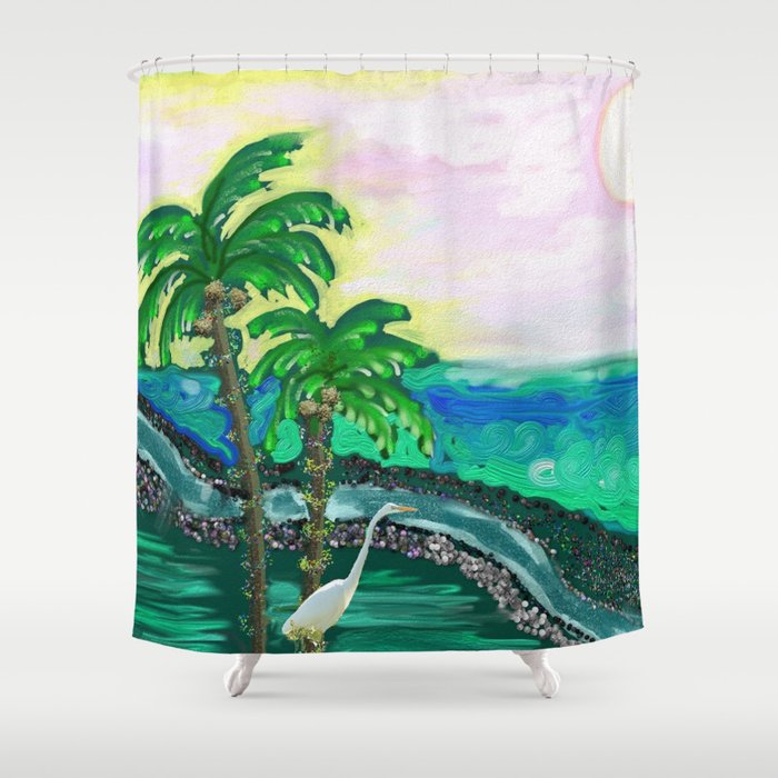 Tropical Ocean View with Egret Shower Curtain