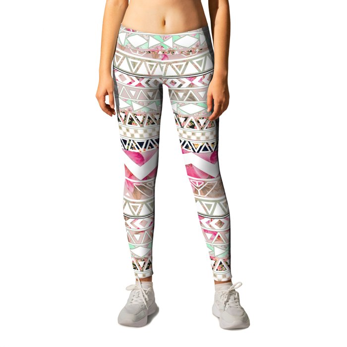 Aztec Spring Time! | Girly Pink White Floral Abstract Aztec Pattern Leggings