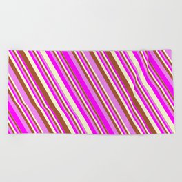 [ Thumbnail: Sienna, Violet, Fuchsia, and Light Yellow Colored Lines/Stripes Pattern Beach Towel ]