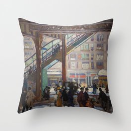 New York City elevated subway street scene roaring twenties landscape painting by Gifford Beal Throw Pillow