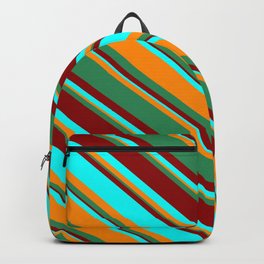 [ Thumbnail: Dark Orange, Sea Green, Dark Red, and Aqua Colored Stripes/Lines Pattern Backpack ]