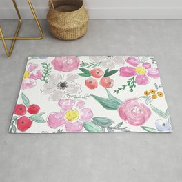 Floral Peony and Rose Watercolor Print  Rug