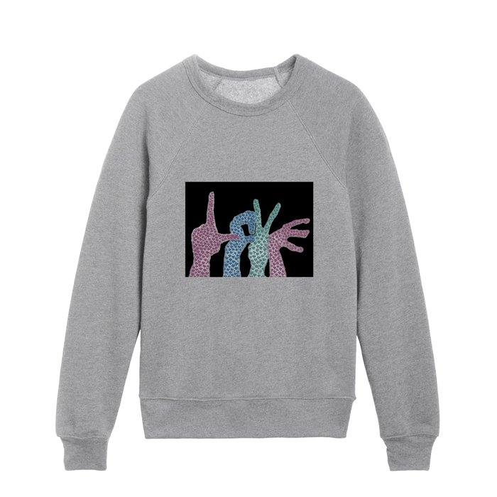 Love Language Modified Sign Language Letters with a Black Background Kids Crewneck