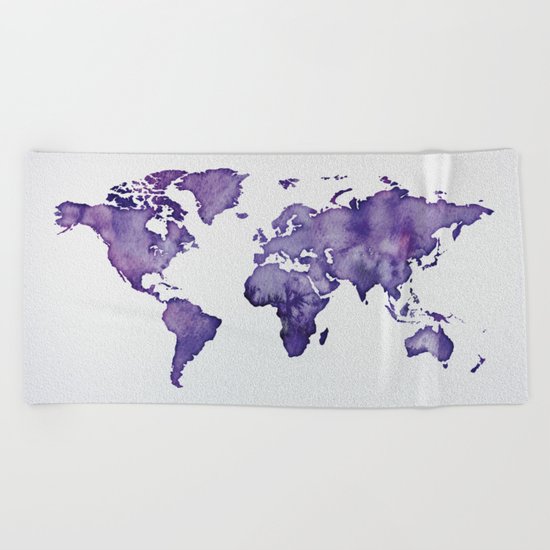 Purple World Map 01 Beach Towel