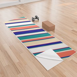 [ Thumbnail: Red, Dark Blue, Dark Cyan, Tan & White Colored Lined/Striped Pattern Yoga Towel ]
