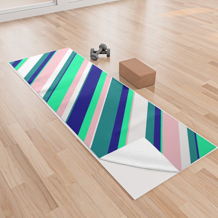 Vibrant Pink, Green, Blue, Teal, and White Colored Striped/Lined Pattern Yoga Towel