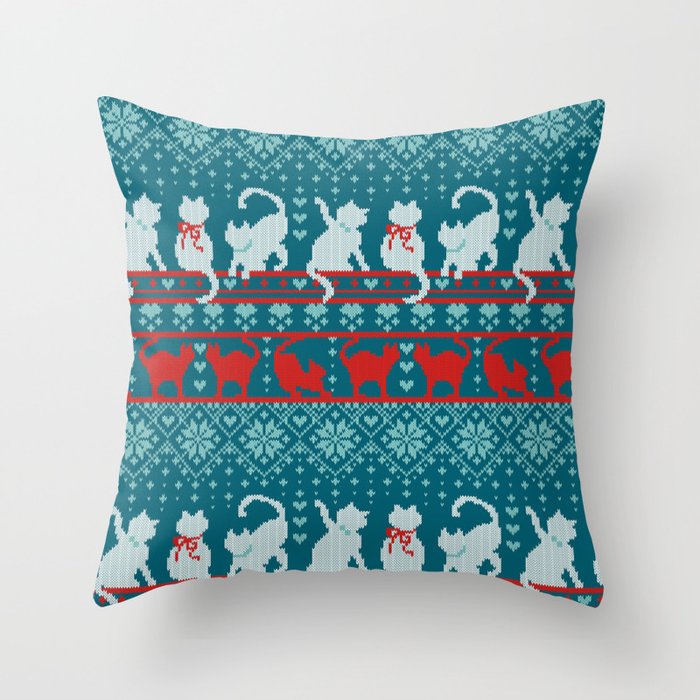Festive Fair Isle Knitting Cats Love // teal white and red kitties Throw Pillow