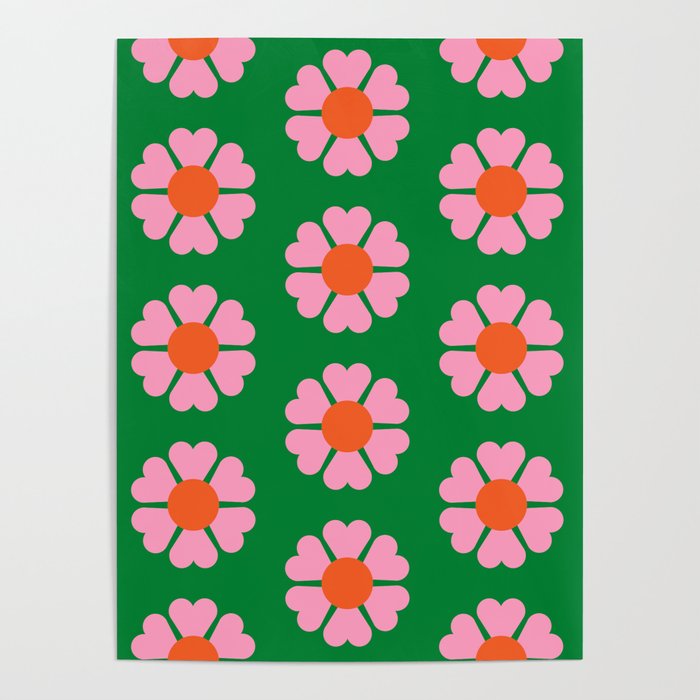 70s Retro Flower Power Pattern in Green, Pink & Orange Poster