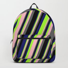 [ Thumbnail: Eye-catching Midnight Blue, Light Green, Pink, Dim Grey, and Black Colored Striped Pattern Backpack ]