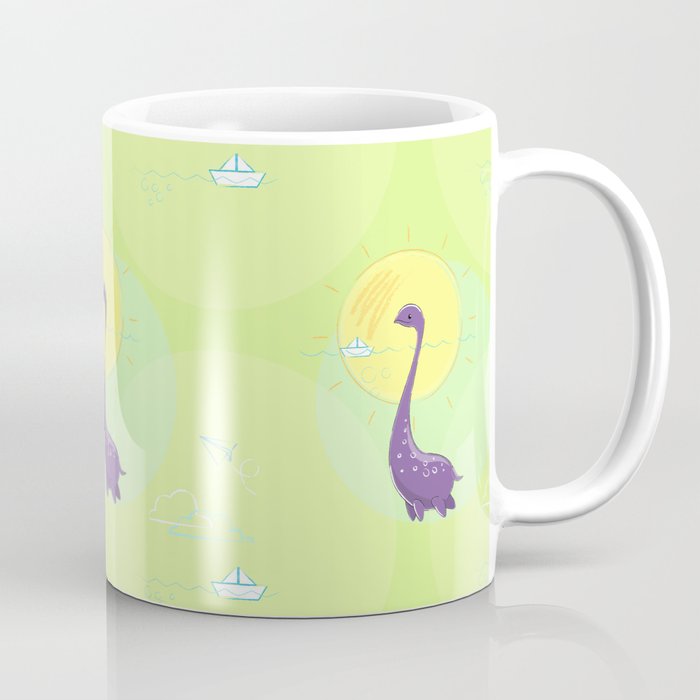 Cute dinosaurs in lake, sun, paper ship and clouds Coffee Mug