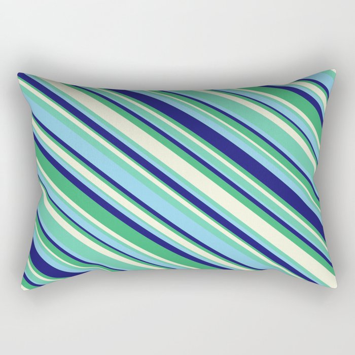 Eyecatching Aquamarine, Sky Blue, Midnight Blue, Sea Green & Beige Colored Striped/Lined Pattern Rectangular Pillow
