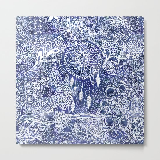 Boho blue dreamcatcher feathers floral illustration Metal Print