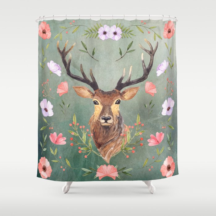 Deer with pink and purple roses on green grunge background Shower Curtain