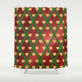 Gold Hearts on a Red Shiny Background with Green Crisscross Lines  Shower Curtain