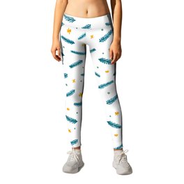 Christmas branches and stars - blue and yellow Leggings