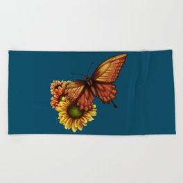 Broken Mariposa in Blue - Autumn Butterfly with Torn Wing and Sunflowers Beach Towel