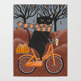 Black Cat Autumn Bicycle Ride Poster