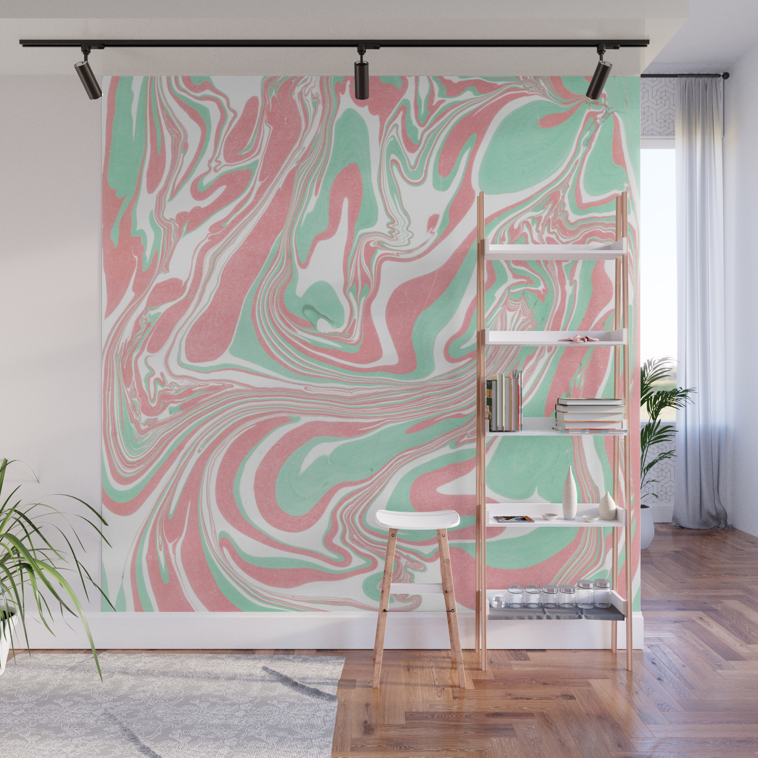 Elegant Pink Green Abstract Watercolor Marble Wall Mural By