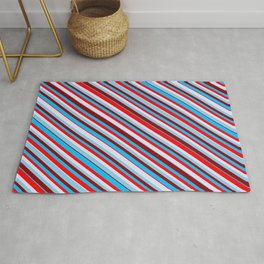 [ Thumbnail: Eyecatching Sky Blue, Dark Red, Deep Sky Blue, Red & Lavender Colored Lines/Stripes Pattern Rug ]