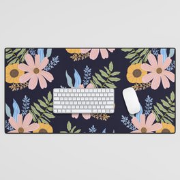 Soft Pink and Buttermilk Yellow Floral Pattern Navy Blue Background Desk Mat