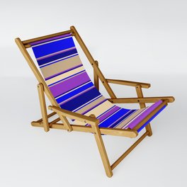 [ Thumbnail: Colorful Dark Orchid, Dark Blue, Beige, Blue & Tan Colored Striped Pattern Sling Chair ]