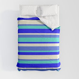 [ Thumbnail: Royal Blue, Turquoise, Blue & Beige Colored Lined Pattern Comforter ]