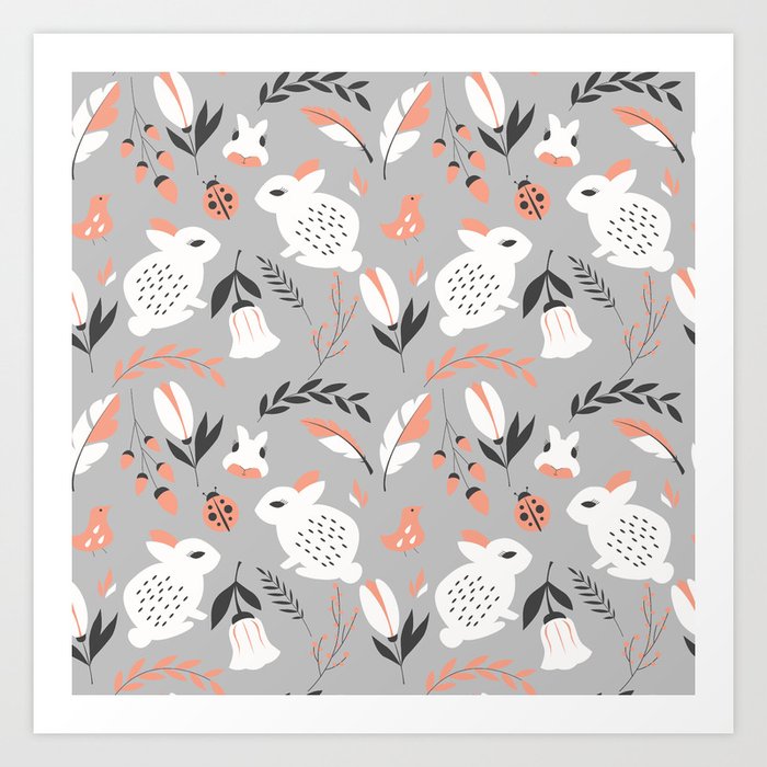 Rabbits and Flowers 007 Art Print