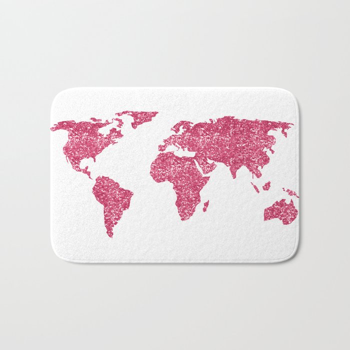 World Map Hot Pink Glitter Sparkles Bath Mat