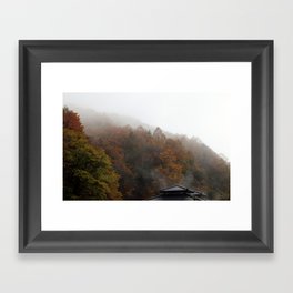 Onsen steam in autumn foliage Framed Art Print