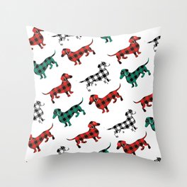 Christmas Dachshunds Red Flannel Throw Pillow
