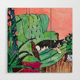 Napping Tuxedo Cat in Overstuffed Sage Green Armchair with Pink Interior After Matisse Painting Wood Wall Art