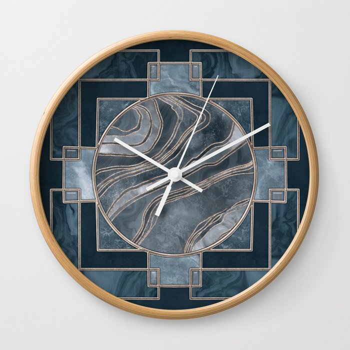 Stained Glass Art Deco Design Navy Blue And Gold Wall Clock