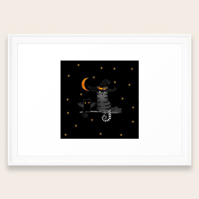 Magic Whitch Cat In A Hat And Her Black Cat Bat For Halloween Framed Art Print By Osapavlova Society6
