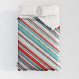 [ Thumbnail: Colorful Light Grey, Red, Turquoise, Slate Gray & Light Cyan Colored Pattern of Stripes Comforter ]