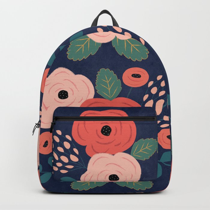 Flower Pattern Pink Red Flowers on Blue Vintage Floral Backpack