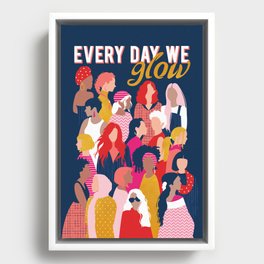 Every day we glow International Women's Day // midnight navy blue background pastel and fuchsia pink coral vivid red and gold humans  Framed Canvas