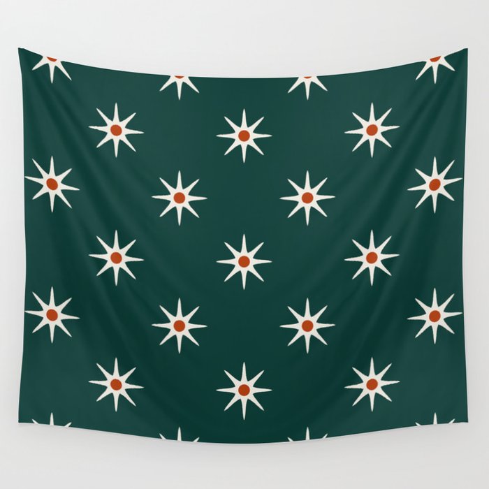 Atomic mid century retro star flower pattern in teal background Wall Tapestry