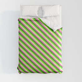 [ Thumbnail: Hot Pink, Forest Green, Green & Light Yellow Colored Stripes Pattern Comforter ]