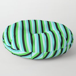 [ Thumbnail: Turquoise, Black, Lime Green, and Light Blue Colored Lines/Stripes Pattern Floor Pillow ]