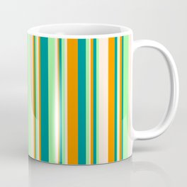 [ Thumbnail: Green, Dark Cyan, Dark Orange, and Beige Colored Stripes Pattern Coffee Mug ]