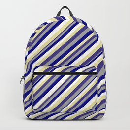 [ Thumbnail: Vibrant Dark Slate Blue, Dark Gray, Dark Blue, White, and Pale Goldenrod Colored Striped Pattern Backpack ]