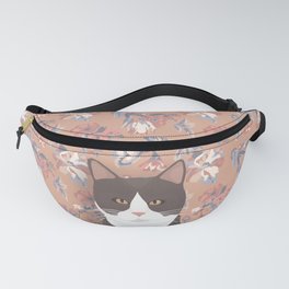 Gray Tuxedo Cat and Flowers Fanny Pack