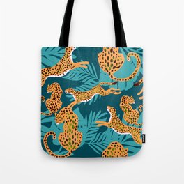 leopards in tropical forest - orange and dark blue Tote Bag