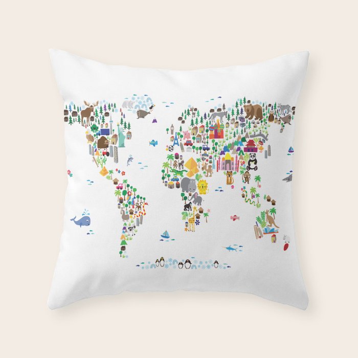 Animal Map Of The World For Children And Kids Throw Pillow By