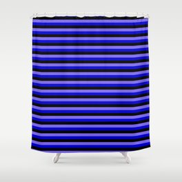 [ Thumbnail: Medium Slate Blue, Blue & Black Colored Pattern of Stripes Shower Curtain ]