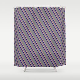 [ Thumbnail: Gray, Dark Salmon, and Dark Blue Colored Lines Pattern Shower Curtain ]