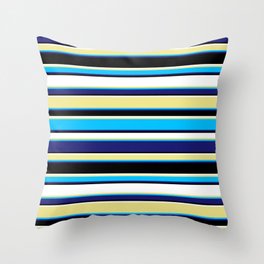 [ Thumbnail: Tan, Deep Sky Blue, Midnight Blue, Black & White Colored Lines Pattern Throw Pillow ]