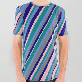 [ Thumbnail: Dark Cyan, Cornflower Blue, Grey, Blue & Pink Colored Stripes/Lines Pattern All Over Graphic Tee ]