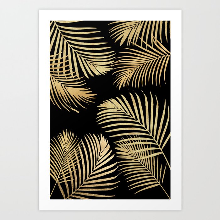 Gold Palm Leaves on Black Art Print